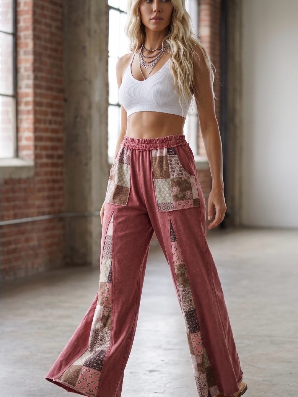 NWT J.Her Granny Tile Patchwork Boho Festival Wide Leg Flare Pants - Picture 5 of 7